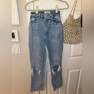 Abercrombie 90s ultra high rise straight leg jeans with distressed bottoms